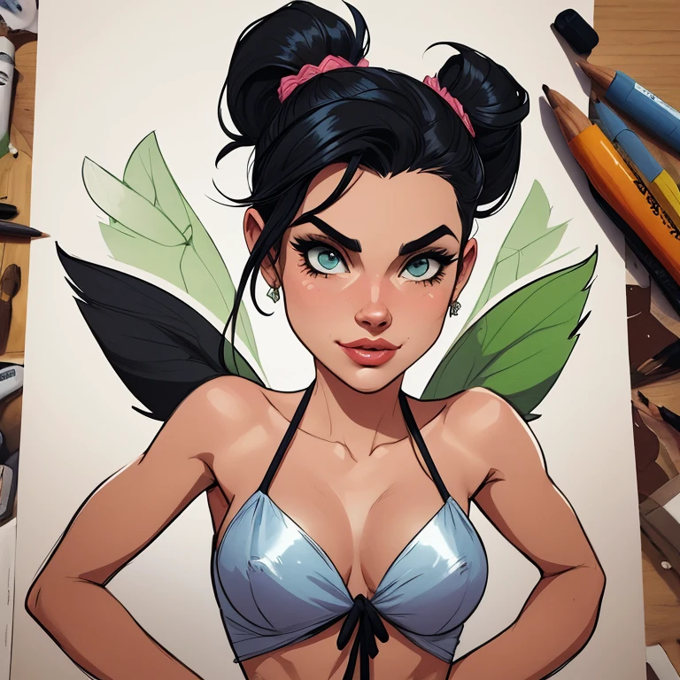 estilo de desenho animado:1.2), Tinker Bell Negra africana brasileira draw ART Artline fundo branco mulher Imagem de desenho animado de uma mulher , roupas sensuais , garota super valente destemida , Ilustra??o estilo desenho animado, estilo de arte dos desenhos animados, estilo de arte dos desenhos animados, digital illustration style, design de personagens altamente detalhado, arte digital detalhada fofa, design de personagem retrato, beautiful digital illustration, retrato de alta qualidade, arte em quadrinhos, retrato do design do personagem, without clothes and medium breasts cartoon style female character dressed in black Tinker Bell