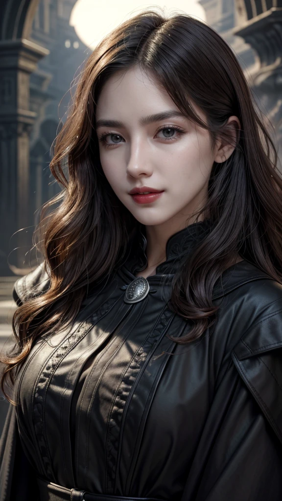 masterpiece quality, (red lips), high quality, intricate details, beautiful, great quality, dynamic lighting, cinematic lighting, Natural light, Cinematic details, bloodborne, strict, dark, fantasy, horror, Hunter in Georgian clothing from England, portrait, Face-to-face audience, beast hunter, friendly expression, eyes with highlights, Dirty gray and brown leather outfit, Moonlight night, Vibrant skin, beautiful, woman, long wavy hair, 25 years old、 beautiful smile,