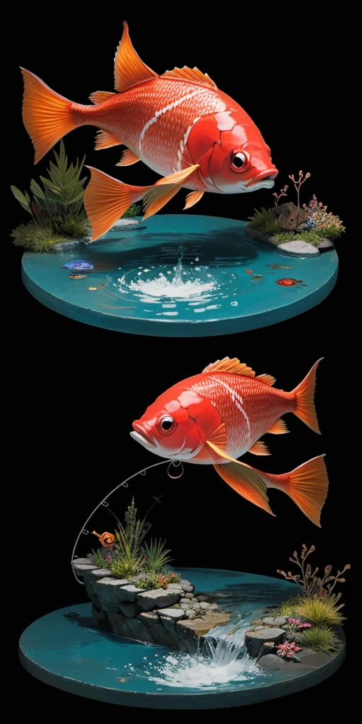 ((BLACK BACKGROUND 1:2, masterpiece)) RIVER MOUNTAIN, WATER POOL, MAGICARP FISHES SWIMMING ON IT, FISHERWOMAN FROM POKEMON FISHING USING A RED ROD