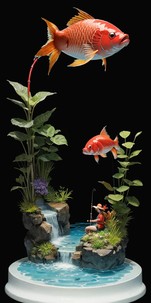 ((BLACK BACKGROUND 1:2, masterpiece)) RIVER MOUNTAIN, WATER POOL, MAGICARP FISHES SWIMMING ON IT, FISHERWOMAN FROM POKEMON FISHING USING A RED ROD