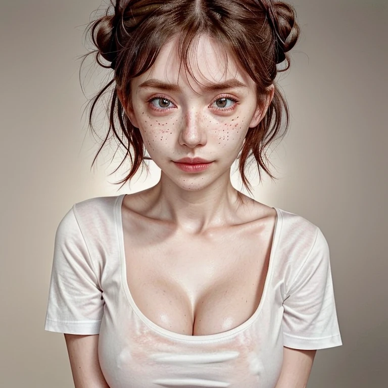 1girl, idol, close-up, collarbone,big bosom ,, photo, film, depth of field, skin texture, t-shirt, rubber band, topknot, long hair, messy hair, freckles,