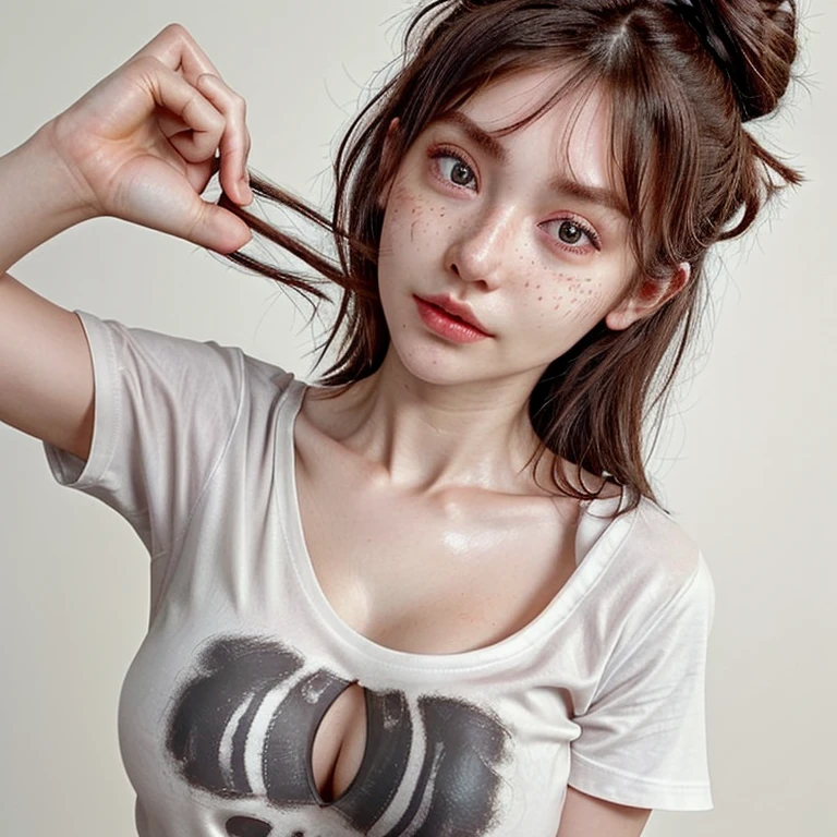 1girl, idol, close-up, collarbone,big bosom  ,, photo, film, depth of field, skin texture, t-shirt, rubber band, topknot, long hair, messy hair, freckles,