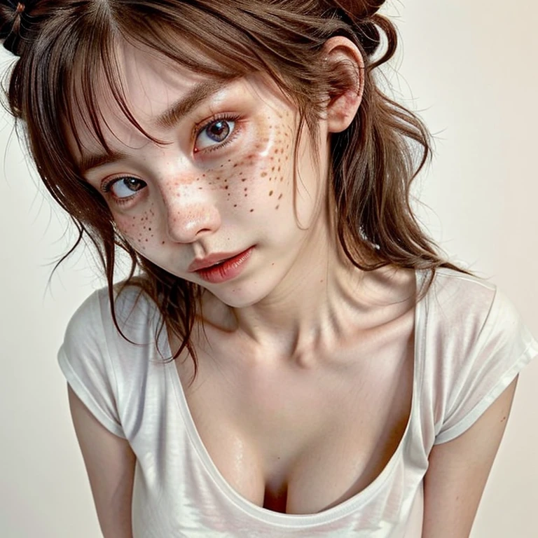 1girl, idol, close-up, collarbone,big bosom  ,, photo, film, depth of field, skin texture, t-shirt, rubber band, topknot, long hair, messy hair, freckles,