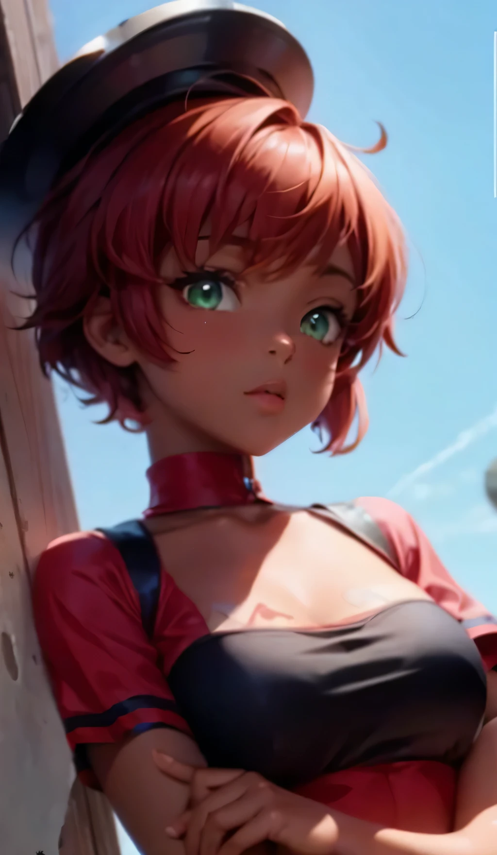 Black girl with green eyes and short red hair with monkey costume 