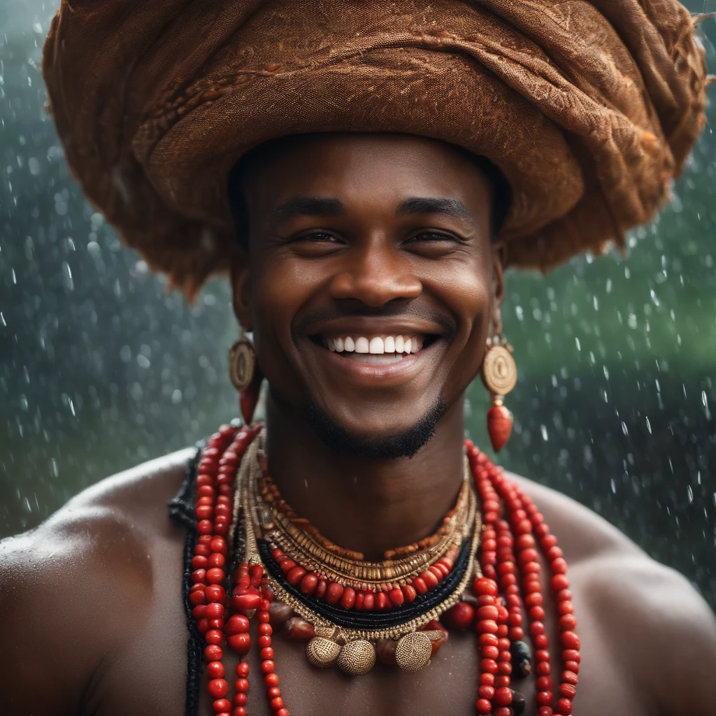 (best quality,realistic:1.2), African Mythology, a smiling black man, cowrie shell necklace, and red beads, running and having fun in the rain, wearing traditional African red and black clothing, lively atmosphere, vibrant colors, detailed facial features, raindrops splashing, joyful expression, traditional African patterns, dynamic movement, African cultural elements, realistic rain effects, sharp focus, high-resolution artwork, authentic representation, rich textures, ethereal lighting, enchanting atmosphere, African heritage