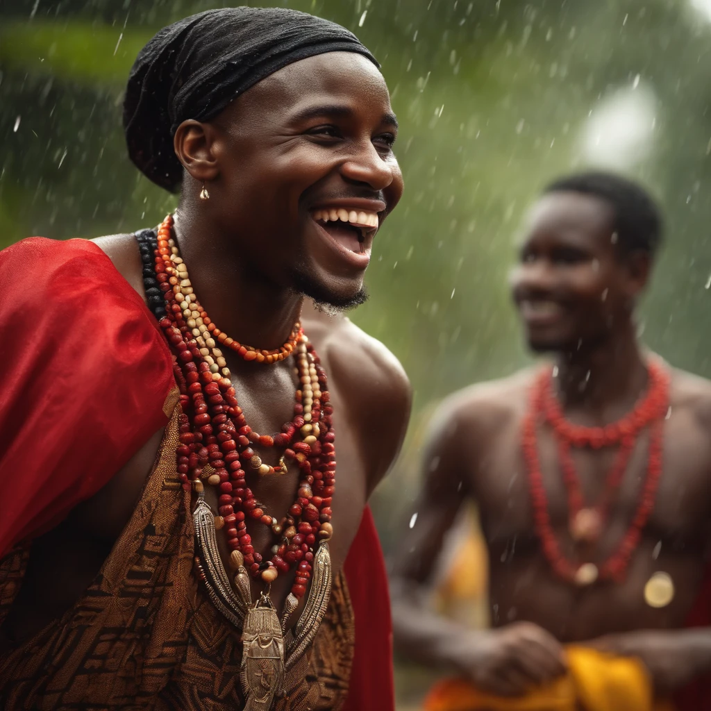 (best quality,realistic:1.2), African Mythology, a smiling black man, cowrie shell necklace, and red beads, running and having fun in the rain, wearing traditional African red and black clothing, lively atmosphere, vibrant colors, detailed facial features, raindrops splashing, joyful expression, traditional African patterns, dynamic movement, African cultural elements, realistic rain effects, sharp focus, high-resolution artwork, authentic representation, rich textures, ethereal lighting, enchanting atmosphere, African heritage