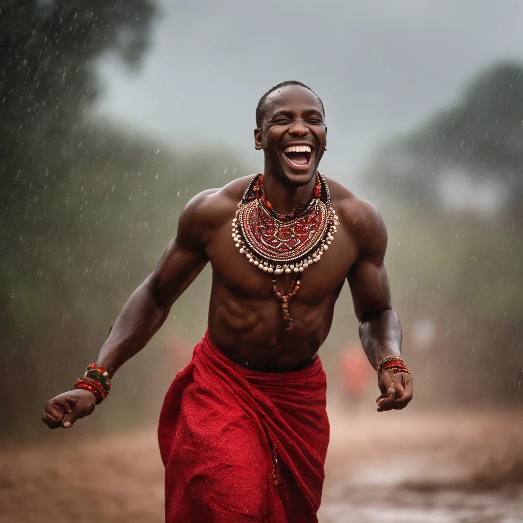 (best quality,realistic:1.2), African Mythology, a smiling black man, cowrie shell necklace, and red beads, running and having fun in the rain, wearing traditional African red and black clothing, lively atmosphere, vibrant colors, detailed facial features, raindrops splashing, joyful expression, traditional African patterns, dynamic movement, African cultural elements, realistic rain effects, sharp focus, high-resolution artwork, authentic representation, rich textures, ethereal lighting, enchanting atmosphere, African heritage