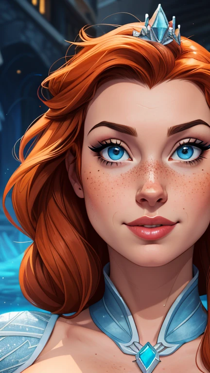 Beautiful portrait mode pose Cartoon character character in dynamic pose two women together with freckles on their faces Disney princess Queen Anna of Arendelle with 1,60cm on the left and along with a symmetrical body and beautiful breasts, corpo bem definido, delicado e sensual, estilo de desenho animado, digital illustration Portrait mode
