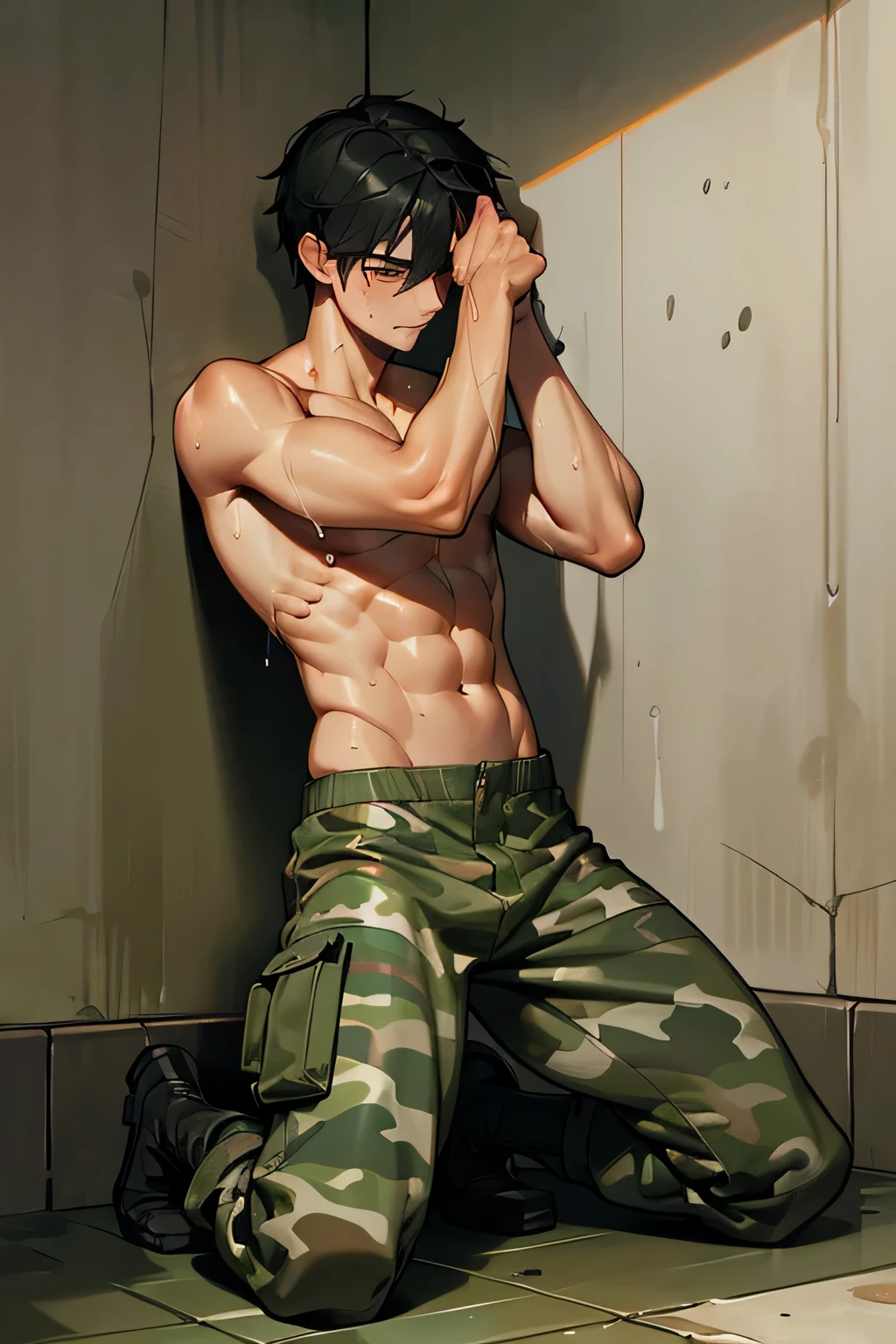shirtless handsome manly short black hair caucasian male soldier, camouflage pants, camouflage boots, sweat-drenched, soaking wet, drenched with sweat, sweating profusely, soaking wet with sweat, panting, exhausted, gasping, panting, kneeling on the floor, hands on the head showing underarms, captive soldier, in the military prison