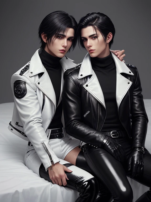 Final Fantasy-style graphics, young, Two cute and cool Japanese boys, Thin eyebrows and big eyes,  They are both wearing shiny white single-breasted leather jackets..。Biker style leather jacket、 with epaulettes,  The jacket is zipped up, The jacket pockets are black., The jacket has a high stand-up collar with a belt,They both also wore black turtlenecks., They both wore black leather pants., Both of them were wearing thin black leather gloves., They both wore black leather knee-high lace-up boots., Please show us your whole bodies, both of you, from head to toe., Final Fantasy Style、((Two handsome guys))、((Clear eyes and nose))、((Shiny white single leather jacket))、((The jacket must be white))((The jacket has epaulettes))、((The jacket has a high stand-up collar and is belted.))、((The jacket has a black pocket))、((Black turtleneck shirt))、((Shiny black leather pants))、((Shiny black leather gloves on both hands))、((Black lace-up leather long boots))、((Both of them are dressed exactly the same))、((View a head-to-toe image in the distance))、Realistic image quality and texture、In a small cell、close your eyes、Has a gentle smile、((The jacket is closed with a zipper))、((No exposed skin below the neck))、((Sitting on the bed))、((The two of them huddled together))