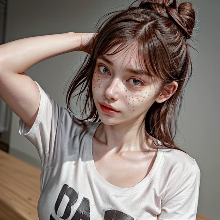 1girl, idol, close-up, collarbone,thick ,, photo, film, depth of field, skin texture, t-shirt, rubber band, topknot, long hair, messy hair, freckles,