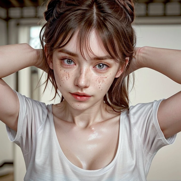 1girl, idol, close-up, collarbone,thick ,, photo, film, depth of field, skin texture, t-shirt, rubber band, topknot, long hair, messy hair, freckles,