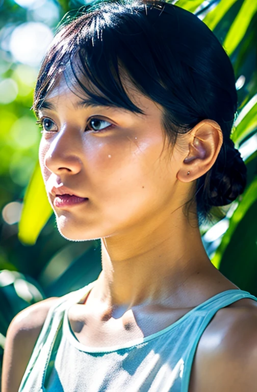 {top-quality}, {{masterpiece}}, {extremely delicate and beautiful},Outstanding light and shadow, highly detailed wallpaper,Clear and bright sunlight,1girl in,lightly dressed、Gaze staring at the sky,red blush,Strong sunshine,delicate and messy hair,realistic skin textures, Pronounced pores and skin wrinkles,tropical rainforest,((strong light shines on the face)), toned hips