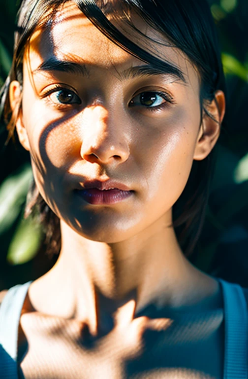 {top-quality}, {{​masterpiece}}, {extremely delicate and beautiful},Outstanding light and shadow, highly detailed wallpaper,Clear and bright sunlight,1girl in,lightly dressed、Gaze staring at the sky,red blush,Strong sunshine,delicate and messy hair,realistic skin textures, Pronounced pores and skin wrinkles,tropical rainforest,((strong light shines on the face)), toned hips