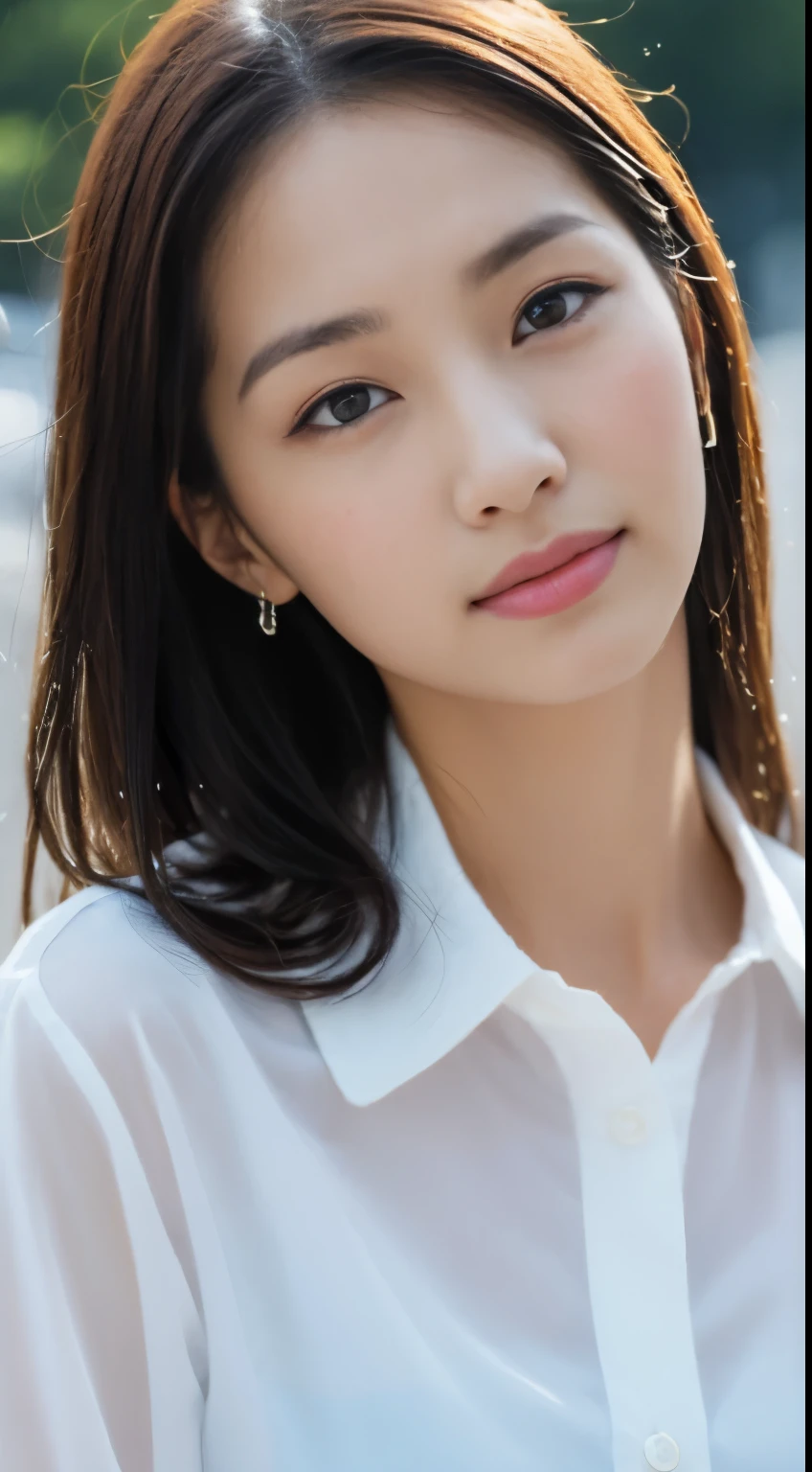 ((Best Quality, 8K, masutepiece: 1.3)), sharp: 1.2, Perfect Body Beauty: 1.4, Slim abs: 1.2, ((Long Hair 1.2)), ((Wet white button long shirt: 1.1)), crop navel, (Rain, Street: 1.2), Wet: 1.5, Highly detailed facial and skin texture, Fine eyes, Double eyelids, Looking at the camera