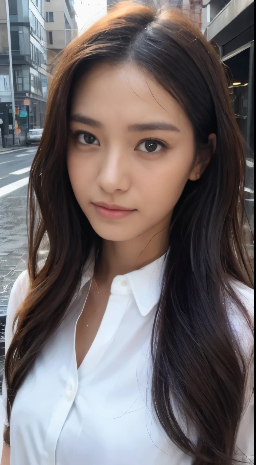 ((Best Quality, 8K, masutepiece: 1.3)), sharp: 1.2, Perfect Body Beauty: 1.4, Slim abs: 1.2, ((Long Hair 1.2)), ((Wet white button long shirt: 1.1)), crop navel, (Rain, Street: 1.2), Wet: 1.5, Highly detailed facial and skin texture, Fine eyes, Double eyelids, Looking at the camera