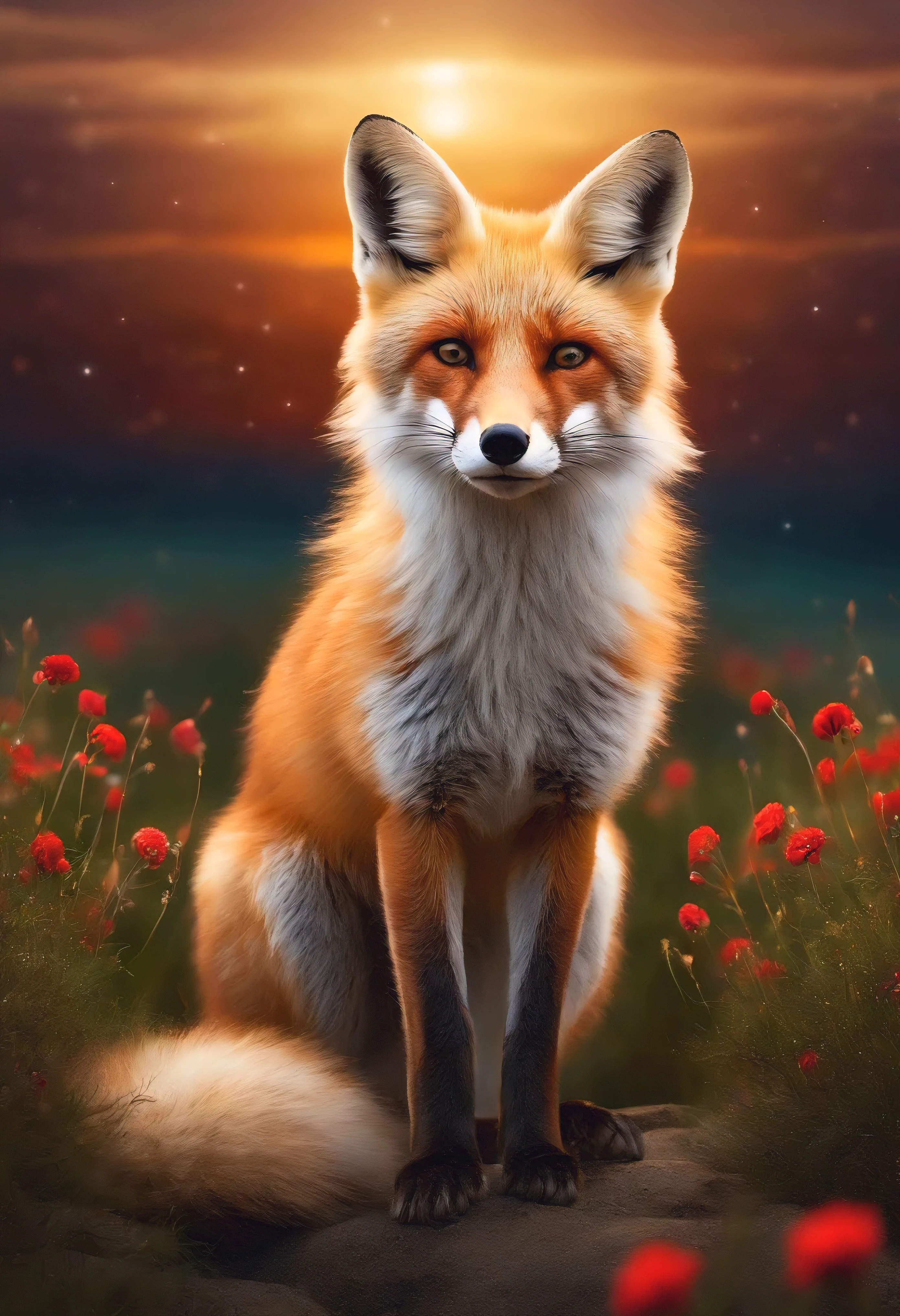 A beautiful white and red fox with four tails in a flower meadow looks into the starry sky with splashes of glowing water.,Magnetic storms, night, starry sea sky, Beautiful white and red fox with four tails in the starry sky, Jean-Baptiste Monge, anthropomorphic --ar 2:3 --testp - optimistic; straight hair