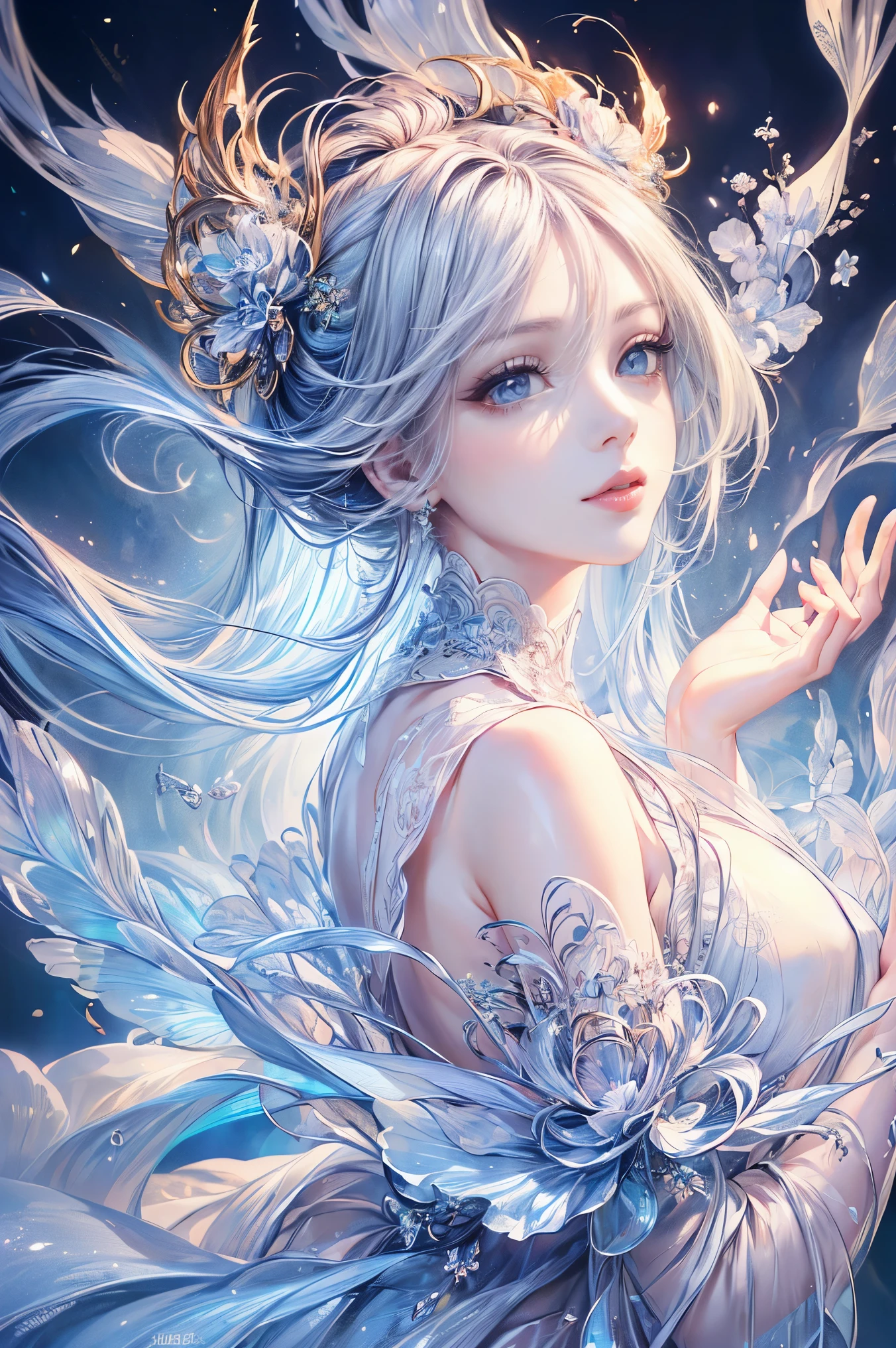 (highest quality, 8k, CG, Beautiful and exquisite upper body, , Thumb Girl, transparent coat dress, Floral Background, Complex facial features, length, floating hair, Almond Eye, Exquisite eye makeup, length eyelashes fluttering, Blinking big eyes, Starry Sky, Delicate lip detail, Soft and harmonious style)