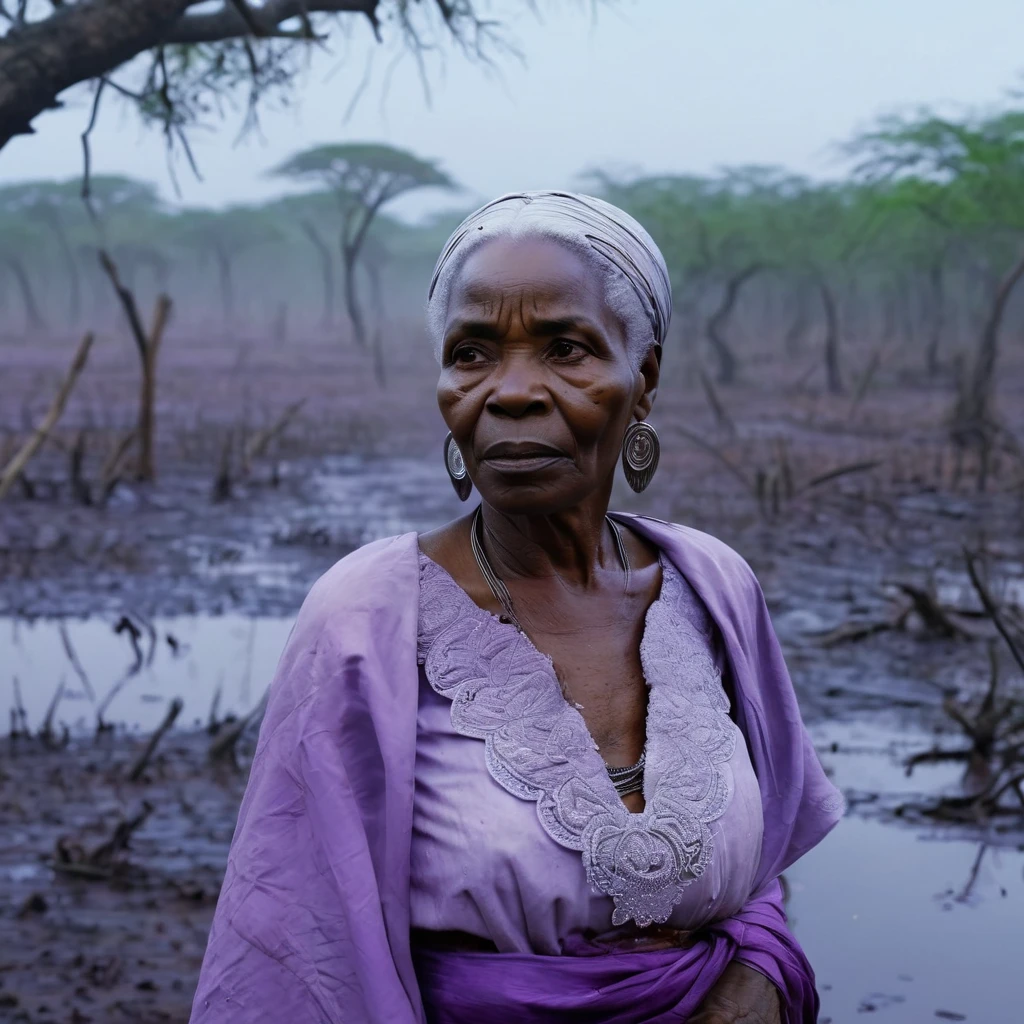 (masterpiece:1.2),ultra-detailed,realistic,70-year-old African woman with wrinkled face,white hair,attentive look,looking at the swamp, mud,(traditional,authentic) African dress in lilac color,barefoot. Detailed swamp scenario, fog,dry trees,dark ambiance,low light,night(dramatic effect).