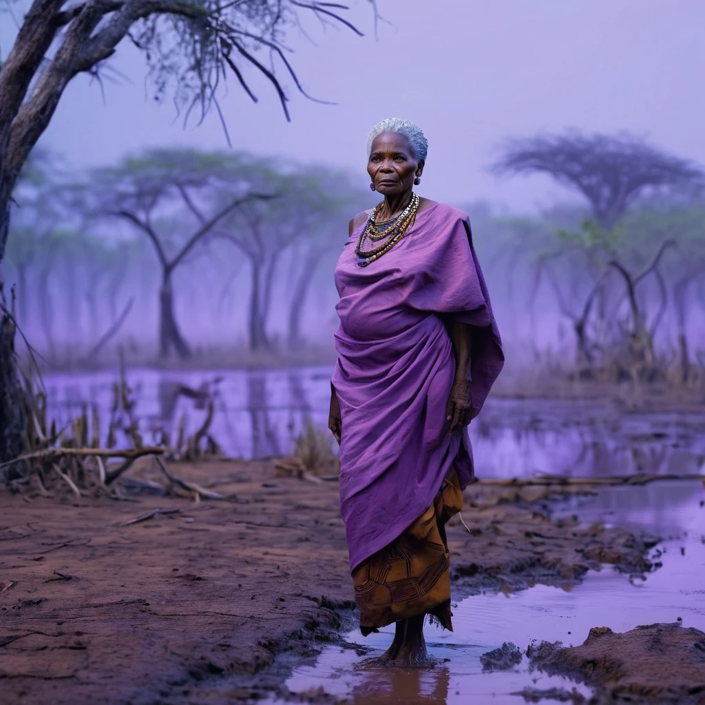 (masterpiece:1.2),ultra-detailed,realistic,70-year-old African woman with wrinkled face,white hair,attentive look,looking at the swamp, mud,(traditional,authentic) African dress in lilac color,barefoot. Detailed swamp scenario, fog,dry trees,dark ambiance,low light,night(dramatic effect).