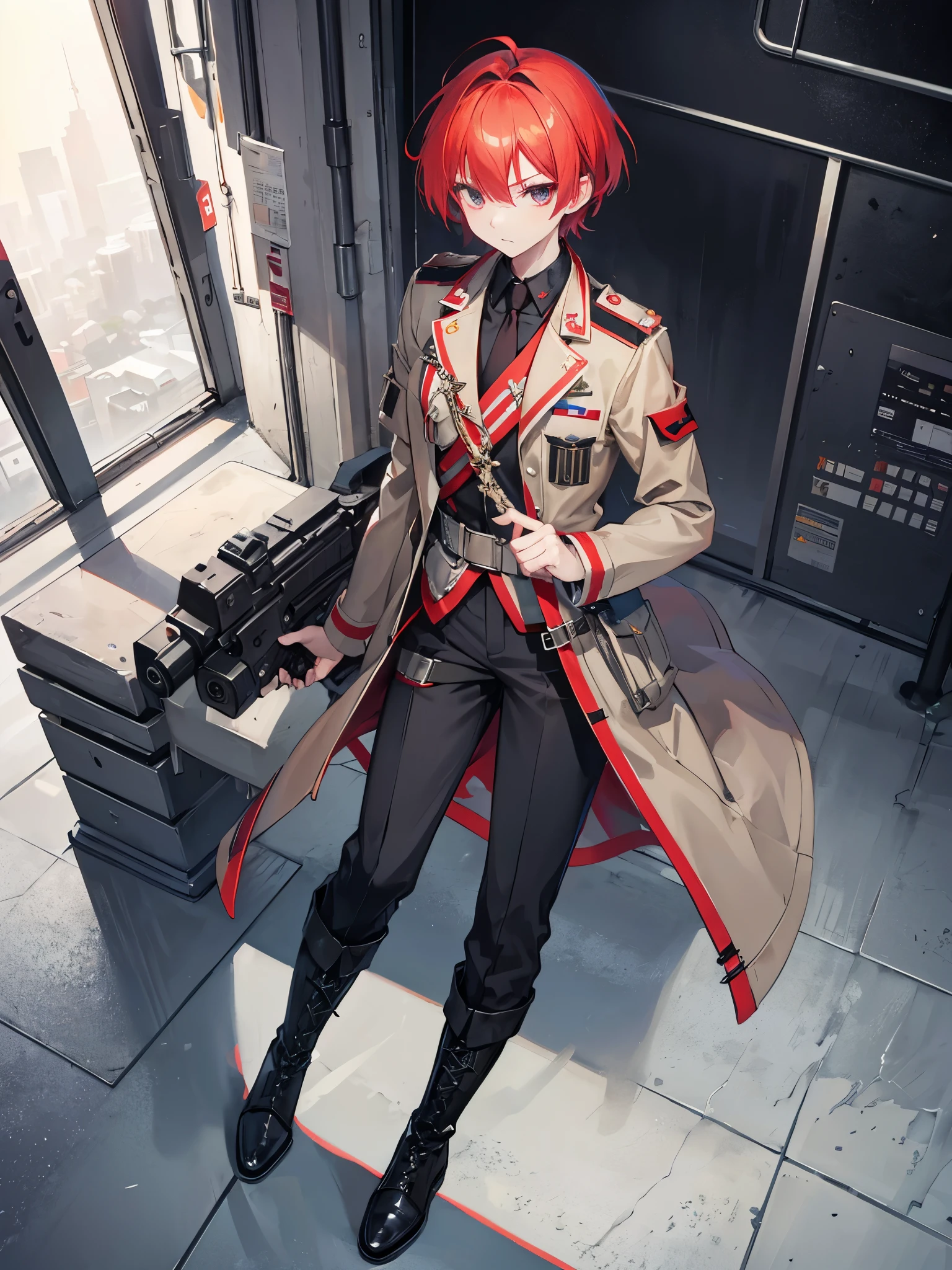male, red hair, silver eyes, ((armed shoulder strap)), military uniform, ((Military jacket)), ((Long boots)), ((full body)), ((a boy)), short hair, wehrmacht, trousers