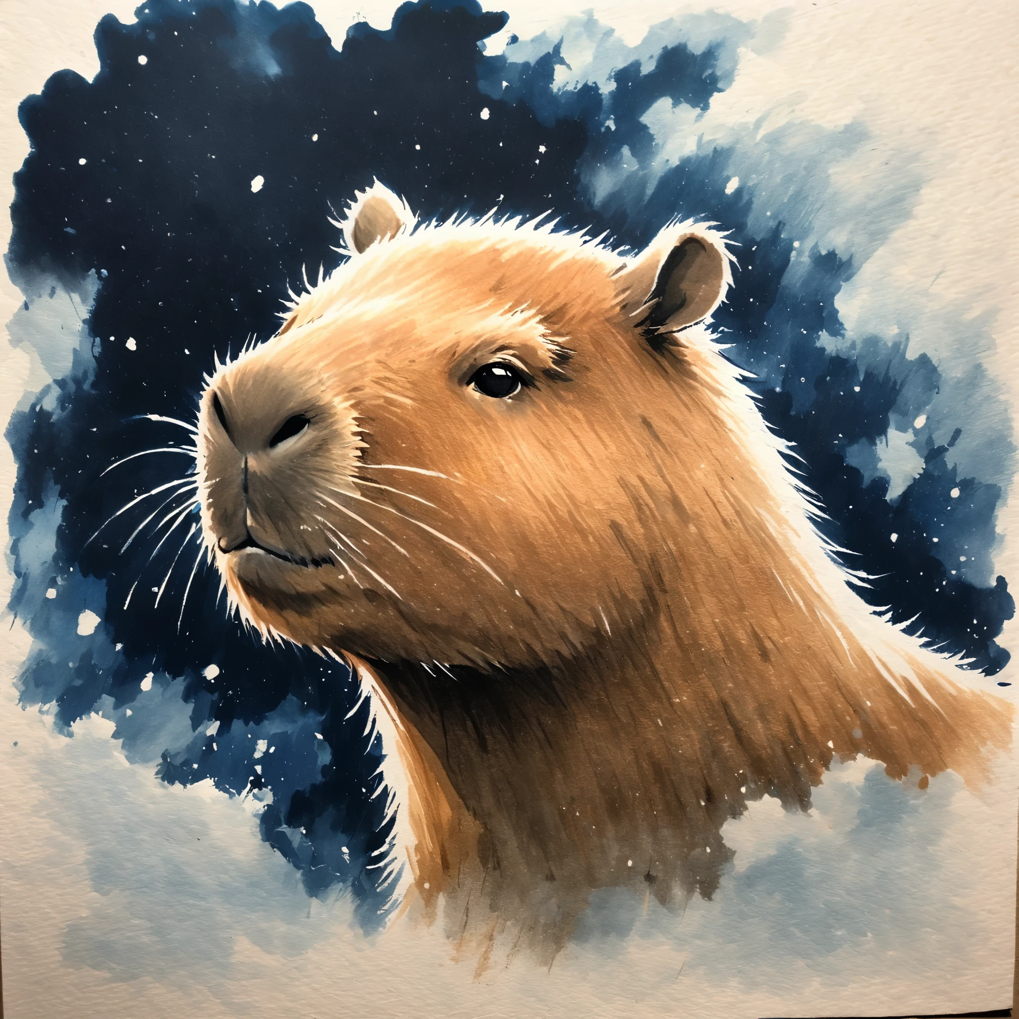 1 Capybara，traditional media,look up,Cold Background ,(animal portrait、Capybara details） ,( Solitary)