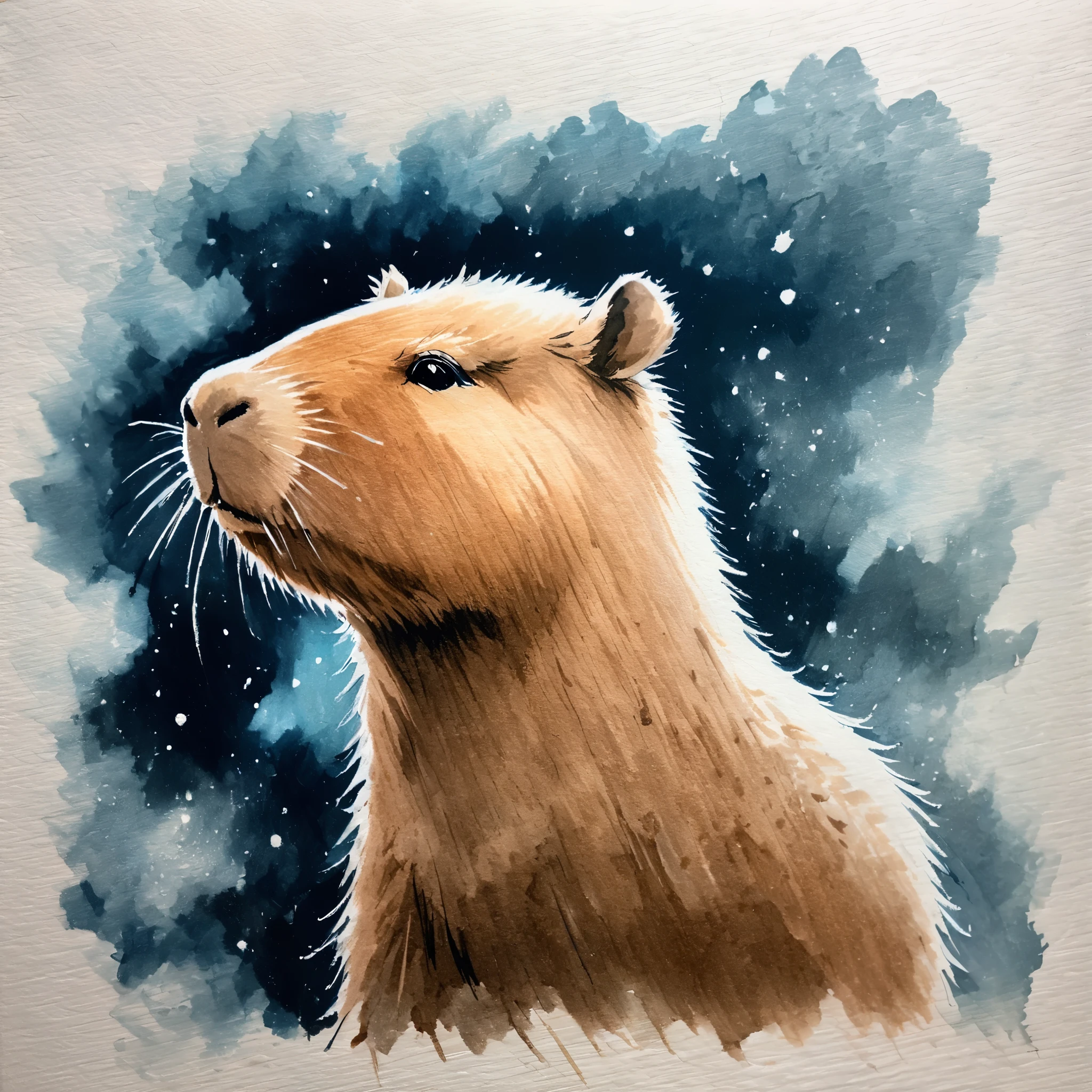 1 Capybara，traditional media,look up,Cold Background ,(animal portrait、Capybara details） ,( Solitary)