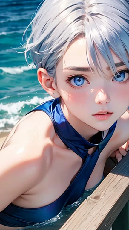 highest quality、Realistic、Women、Japanese、zoom、look up、cute、Ocean、cobalt blue eyes、Silver Hair、Short Hair、Swimwear、Face close-up、slender、Small breasts