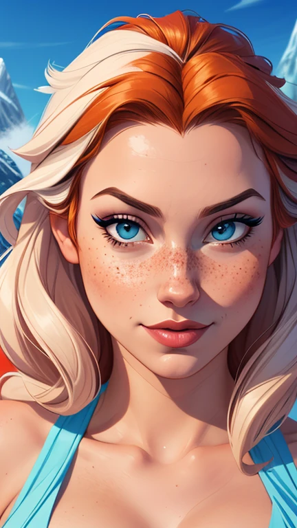 Beautiful portrait mode pose Cartoon character character in dynamic pose two women together with freckles on their faces Disney princess Queen Anna of Arendelle with 1,60cm on the left and along with a symmetrical body and beautiful breasts, corpo bem definido, delicado e sensual, estilo de desenho animado, digital illustration Portrait mode