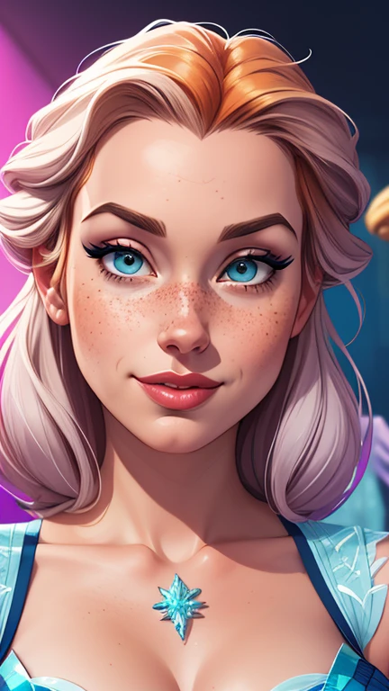 Beautiful portrait mode pose Cartoon character character in dynamic pose two women together with freckles on their faces Disney princess Queen Anna of Arendelle with 1,60cm on the left and along with a symmetrical body and beautiful breasts, corpo bem definido, delicado e sensual, estilo de desenho animado, digital illustration Portrait mode