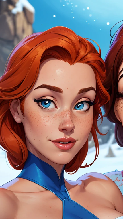 Beautiful portrait mode pose Cartoon character character in dynamic pose two women together with freckles on their faces Disney princess Queen Anna of Arendelle with 1,60cm on the left and along with a symmetrical body and beautiful breasts, corpo bem definido, delicado e sensual, estilo de desenho animado, digital illustration Portrait mode