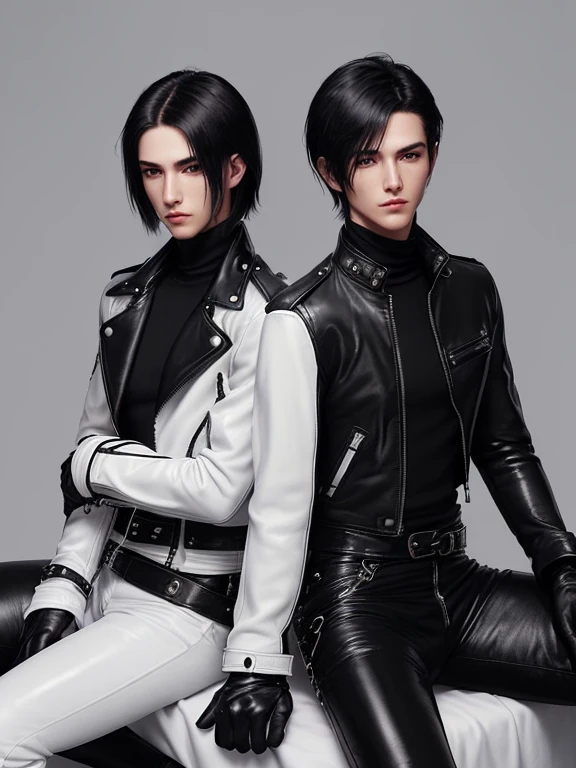 Final Fantasy-style graphics, young, Two cute and cool Japanese boys, Thin eyebrows and big eyes, They are both wearing shiny white single-breasted leather jackets..。Biker style leather jacket、 with epaulettes, The jacket is zipped up, The jacket pockets are black., The jacket has a high stand-up collar with a belt,They both also wore black turtlenecks., They both wore black leather pants., Both of them were wearing thin black leather gloves., They both wore black leather knee-high lace-up boots., Please show us your whole bodies, both of you, from head to toe., Final Fantasy Style、((Two handsome guys))、((Clear eyes and nose))、((Shiny white single leather jacket))、((The jacket must be white))((The jacket has epaulettes))、((The jacket has a high stand-up collar and is belted.))、((The jacket has a black pocket))、((Black turtleneck shirt))、((Shiny black leather pants))、((Shiny black leather gloves on both hands))、((Black lace-up leather long boots))、((Both of them are dressed exactly the same))、((View a head-to-toe image in the distance))、Realistic image quality and texture、In a small cell、close your eyes、Has a gentle smile、((The jacket is closed with a zipper))、((No exposed skin below the neck))、((Sitting on the bed))、((The two of them huddled together))