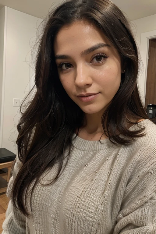 (Obra maestra, mejor calidad, high resolution: 1.2), 1 chica, Solo, cabello largo, ojos cafe, parte superior del cuerpo, sueter, cabello negro, rasgos latinos europeos