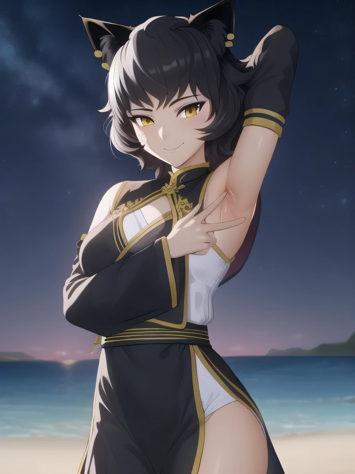 8k, highly detailed,
kali belladonna,
dress,
solo, night sky, beach, kali belladonna, contrapposto, closed mouth, spread armpit, arms behind head, smile, looking at viewer, (cowboy shot:1.5),