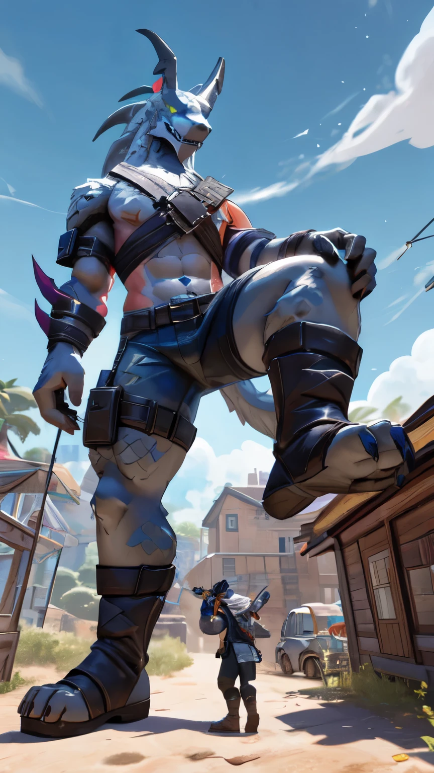 ((best quality)), ((masterpiece)), (detailed), (full body), hybrid (fortnite), macro, raising his leg about to stomp on tiny Earth, low angle