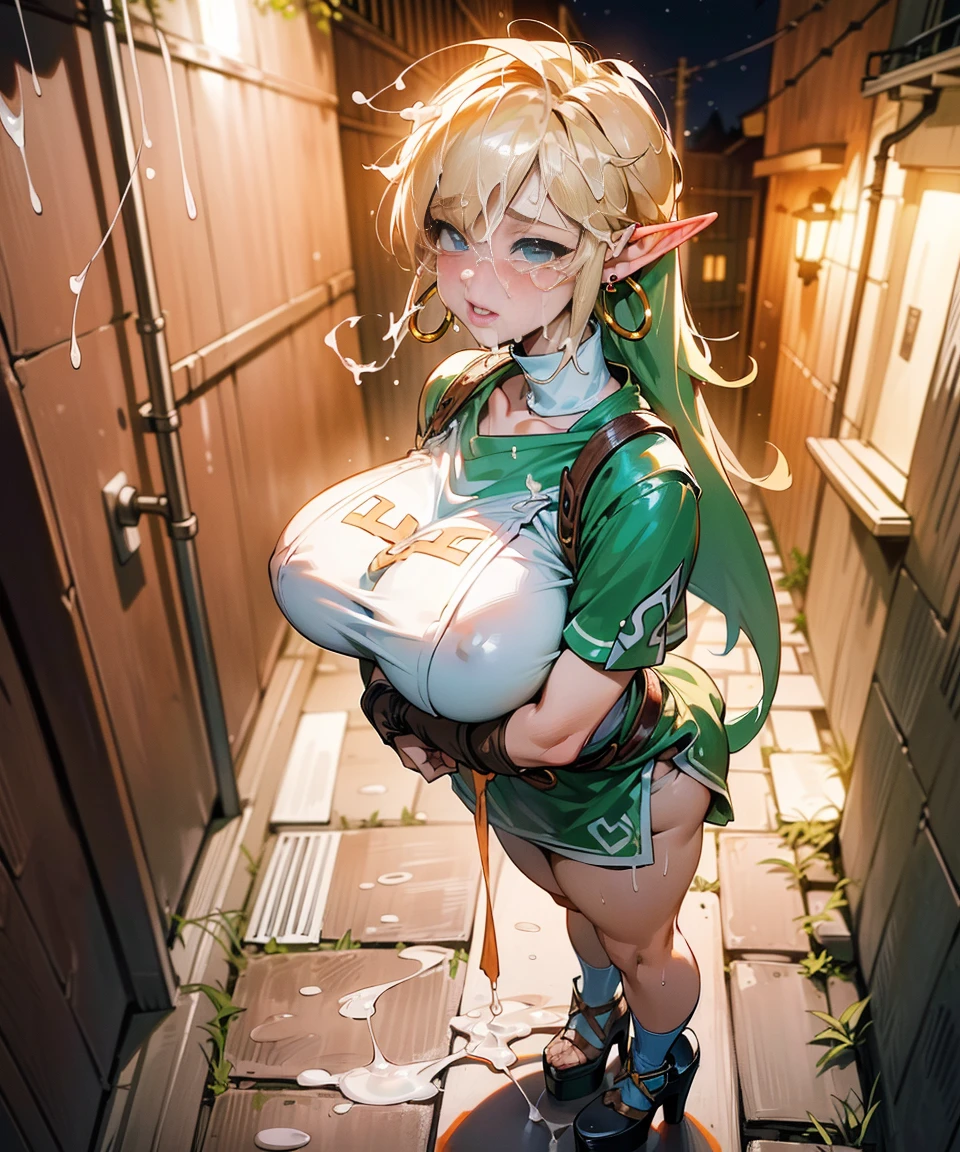 (link:1.6), legend of zelda, GS-Womanly, full body 1girl, (((bimbo))),(hoop earrings, puffy lips, painted lips, thick lips.:1.2) ((platform heels)) blonde hair, thick thighs, bursting breasts, (full skirt),navel, tube top, o-ring top, high resolution,(masterpiece), (photo realistic1.4), ultra high res, best quality, 8k,nsfw,detailed,(at night,outdoors,narrow alley:1.7),outdoor unit,pipe,trash,(trash box:1.3),wall, solo_focus,front view,character focus,looking at viewer, (gigantic breasts:1.3),thighs, (cumdrip:1.5), (cum string:1.5), (excessive cum:1.5),cum overflow, creampie, cum in pussy, (dirty floor,messy floor:1.3), gabage:1.3, cum on body, (cum on clothes:1.5), ,(crying,tears:1.5), (middle-aged women, mature woman, 55 years old:1.6)