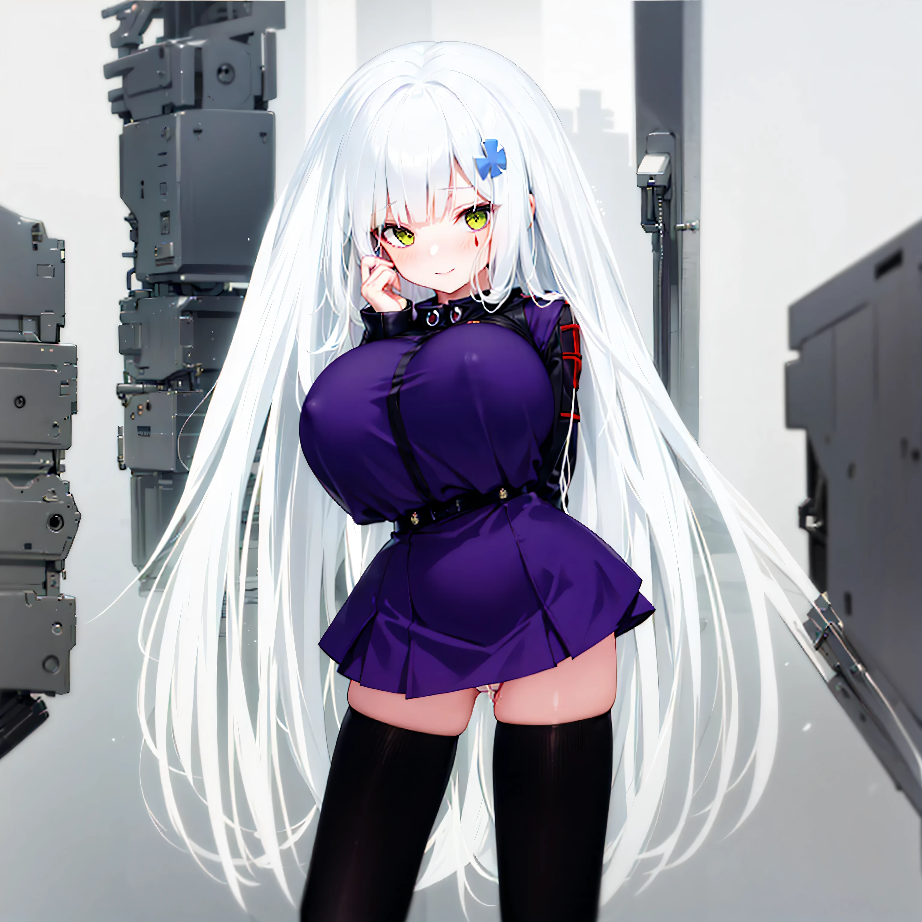 (solo), (416_GirlsFrontline), skinny girl, BREAK, (disproportionately huge breasts:1.4), bursting breasts, narrow shoulders, narrow waist, (skinny long legs), arms behind back, BREAK, (dark purple jacket), (very short high-waist skirt), thigh gap, (black thighhighs), BREAK, smile for viewer, embarrassed, nose blush, (nsfw:0.7), slipping white panty, pussy juice dripping down