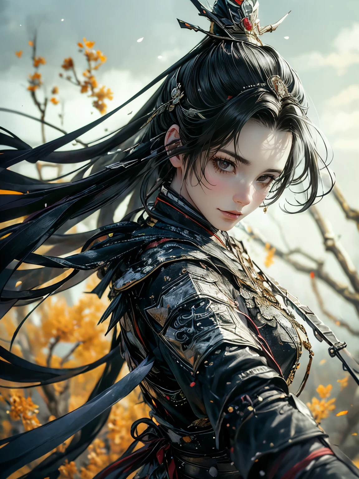 (In 8K，highest quality，masterpiece)，(Realistic，RAW Photos，Super Fine Clear)，Realistic Light，Detailed skin，Beautiful woman，((18-year-old female, queen:1.5)),Thin legs、fine grain，long hair, Detailed fingers、thin、Sexual，Ecstasy facial expression,Super big , boucing firm bust, The chest part of the armor is wide open, Chest exposed, peach, peach園, Flower storm, lakeside palace