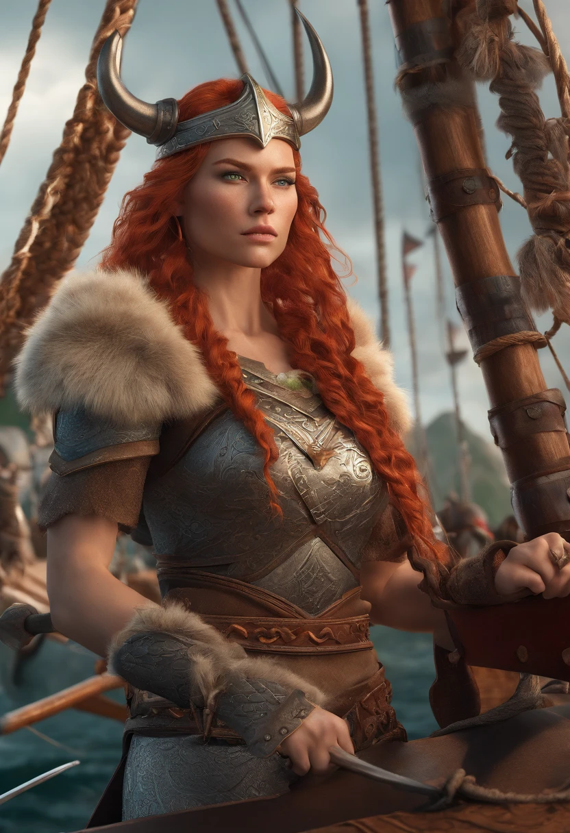 a viking warrior, long wavy red hair, green eyes, thin lips, round face, wearing viking armor, muscular and strong, sensual and imposing, looking at the viewer, viking woman on the viking ship, posing arrogantly on the bow of the boat
