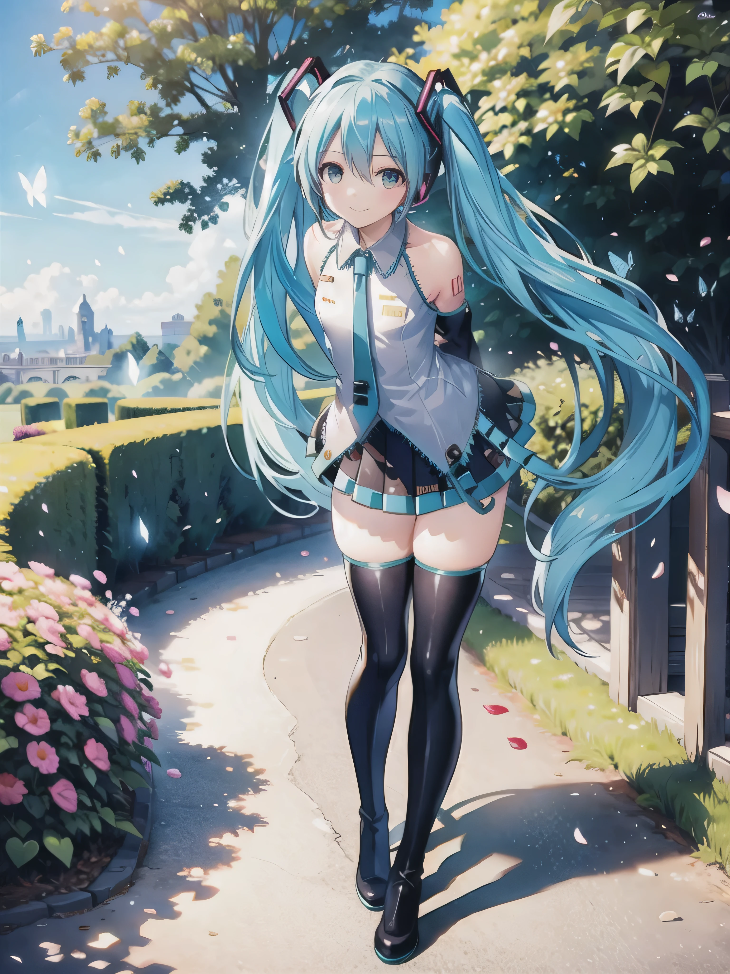 (best quality, masterpiece, high resolution, ultra detailed, illustration, detailed skin, intricate eyes, perfect anatomy, detailed face:1.2), (solo, hatsune miku:1.5), (pretty face, short stature), BREAK (smile, sparkling eyes, petals dance:1.5), (leaning forward, arms behind back:1.6), (daytime, in garden, full body, flutter hair, colorfull butterflies:1.8) BREAK (solid white blouse with blue edge, solid white sleeveless clothe with blue edge, solid white collar), BREAK (black independent sleeves, black detached sleeves) BREAK (black pleated skirt, skirt hem blue), BREAK (black thighhigh boots:1.2), BREAK (flat chest:1.2), (thick waist, thick thighs:1.7)