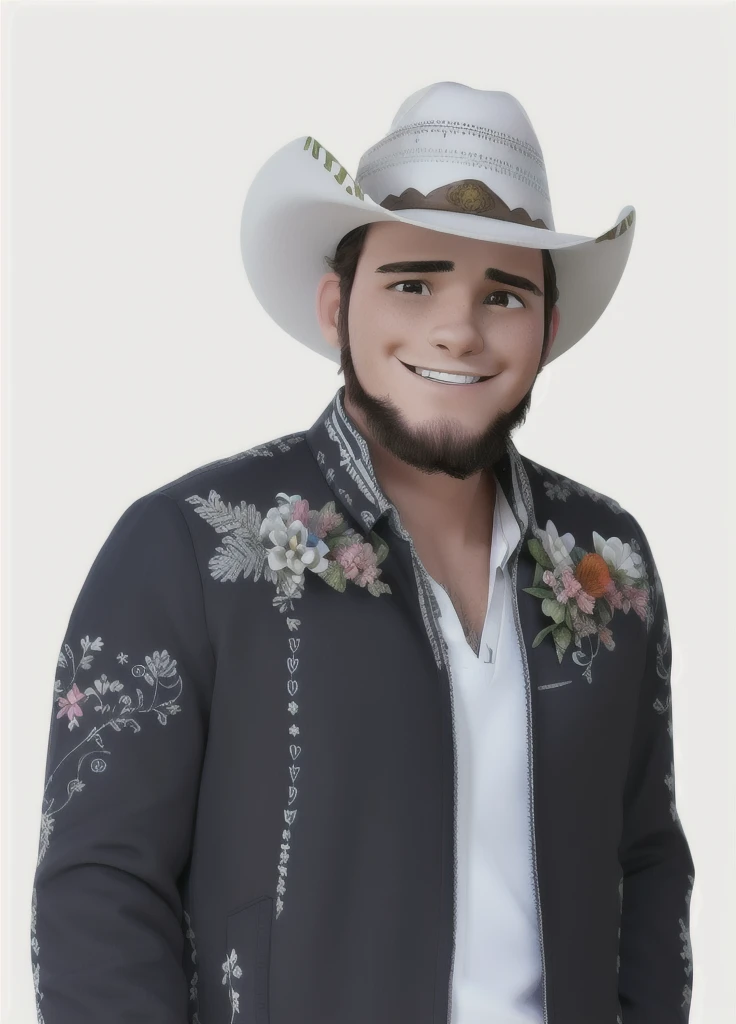 "A smiling man in a white cowboy hat, jaqueta preta decorada com flores coloridas e detalhes em prata, sobre uma camisa branca. He exudes an aura of casual charm and confidence."