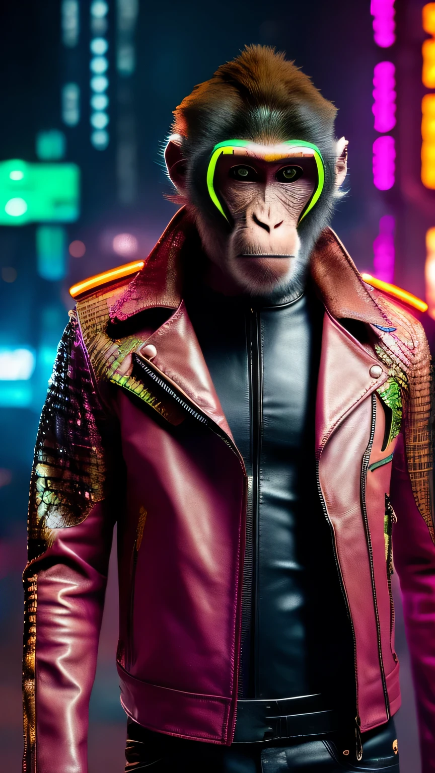 ((A monkey in reptile skin)), wearing colourful leather jacket, futuristic, facing camera, sad expression, carrying a glass of coffee and a cigarete, cyberpunk, neon, sparkling elements, colourful crystal, UHD, RAW, 16K.