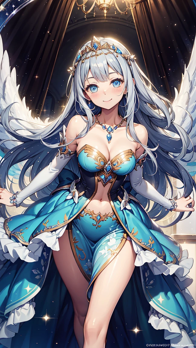 dramatic composition，Vestido de corte，real，una hermosa，Capas de volantes，la mejor princesa，volantes，Nudo de lazo，candelabros de cristal，Gorra，maximalismo，fondo palaciego，Cabello y ojos cuidadosamente representados.，vestido de princesa，Gorgeous dress，smile，Ojos estrellados，Cinematic Light，detalle extremadamente alto，Alta nitidez，chica feliz，Cabello muy largo，diamante，perlas，diamantes rotos，Fragmento de cristal，light particles