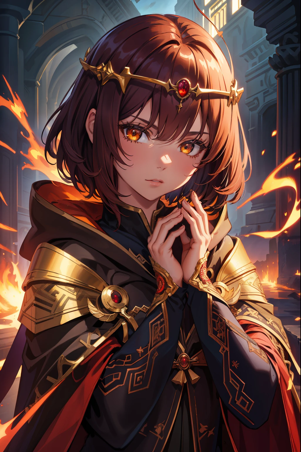  (extremely detailed CG unity 4k wallpaper),(masterpiece),(best quality),(ultra-detailed),(best illustration),(best shadow),(absurdres),(detailed background), Dark Fantasy setting, Shoulder length Dark Red wavy hair (Bobcut), Amber eyes, priestess cloak, neutral expression, close up, Circlet, hands clasped,