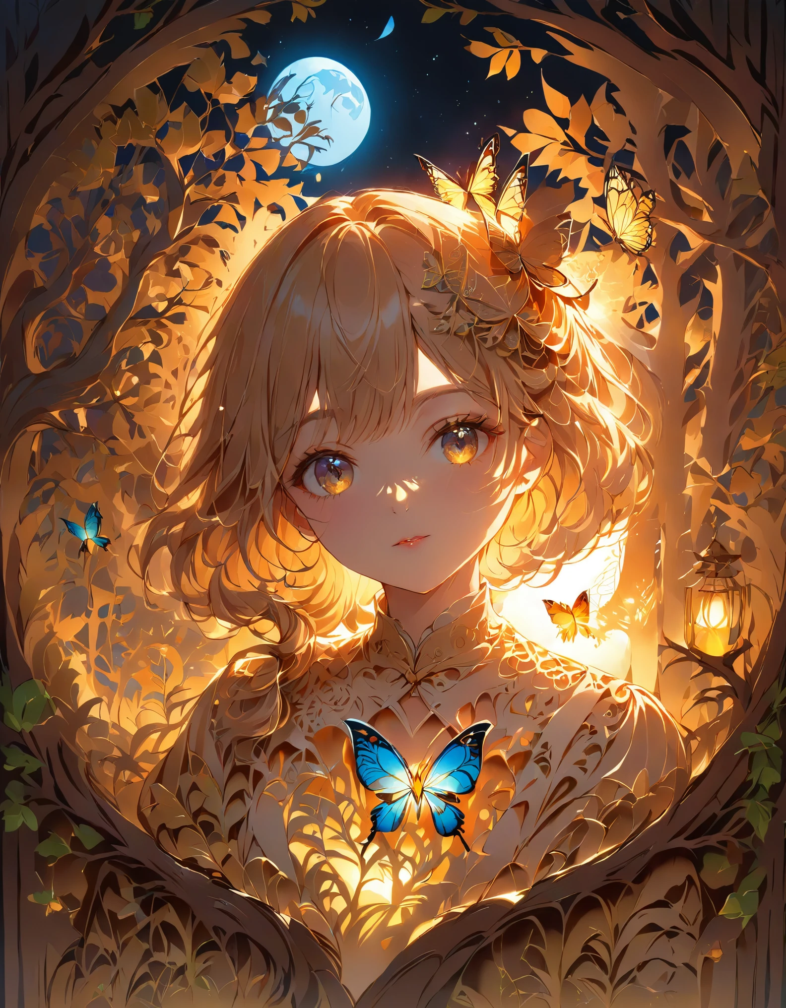 ((((masterpiece))), best quality, illustrations, beautiful details glow,
paper_cut, girl face details clear to the camera, tree, moon, butterfly，Xill