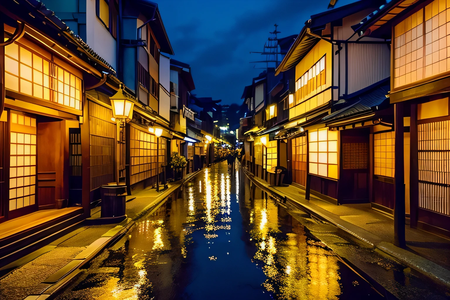 Matte painting by Torii Kiyomasu, Shutterstock, ukiyo-e, Japan Streets, Japanese cities at night, Kyoto inspired, Kyoto japan setting, Japan at Night, Japan Deeper Journey Exploration, Kyoto, Japanese cities, Japanese Town, Ancient Japanese architecture, in a Japanese Town at night