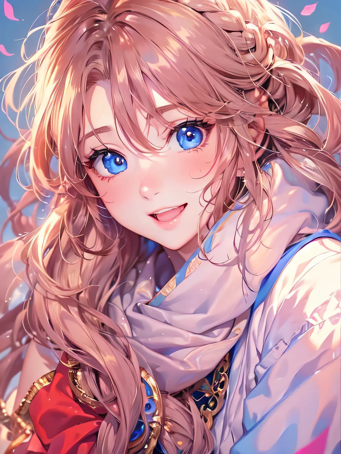 masterpiece、highest quality、High resolution、High-quality images、8k, 1 female、Skin Radiance、Texture of skin and clothing、Expression of fine eyes、Shiny bright golden hair,Girl with long braided hair, Manga inspired by Lee Jong-suk, Trending on deviantart, realism, detailed manga style, Manga art style, Perfect Line Drawing, Beautiful line art, digital manga art girl, K-POPアイドル, Beautiful Blue Eyes, Lips become thicker, Gorgeous face with attention to detail, (cute smile), charm, Innocent, Side view, (Perfectly detailed face), (Beautiful Hands) Photorealistic images, Written boundary depth, Princess Hairstyles, scarf、Red background、Duffle coat、chocolate、girl、colorful hair ornaments、Valentine、Wavy Hair、Embarrassed face、Red cheeks、Laughter、smile、smile、I have chocolate
