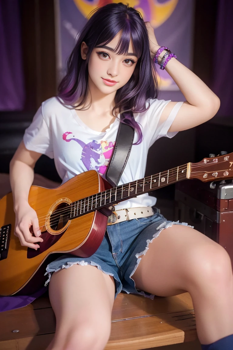 (Obra maestra, La mejor calidad, fotorrealista, Altas Resoluciones, Director of photography, :1.3), sharp focus, 1 beautiful teenager , Chica Americana , 17 yearso adolescente, diafragma, Ojos color azul y pupilas altamente detallados, Piel realista, Forma delgada del cuerpo, cabello extremadamente detallado, They're smiling, sexy, fondo variado , ((realista, super realistic, realismo, Detalles realistas)) , angelical , femenona , , lindo maquillaje ,labios rojos , sombra de ojos color morado , cuerpo completo , hermosa sonrisa , hermoso traje , playera purpura sin mangas con imagen de calavera , cinturon blanco , falda color lila con imahenes de cuadros , botas largas con tacon , tocando guitarra electrica , mlp , Twilight Sparkle , linda