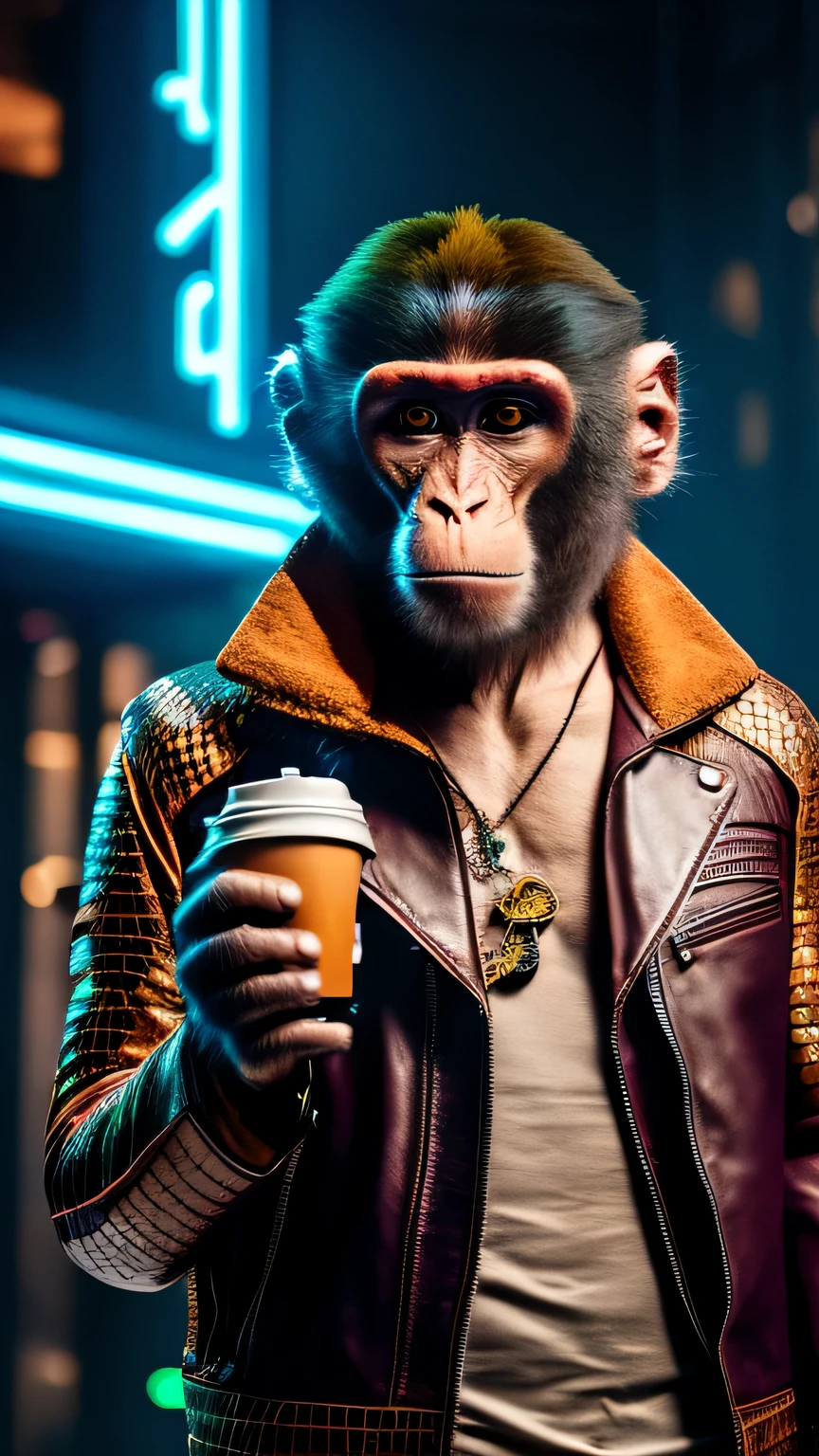 ((A monkey in reptile skin)), wearing colourful leather jacket, futuristic, facing camera, sad expression, carrying a glass of coffee and a cigarete, cyberpunk, neon, sparkling elements, colourful crystal, UHD, RAW, 16K.