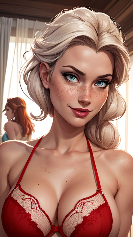 Beautiful portrait mode pose Cartoon character character in dynamic pose two women together with freckles on their faces Disney princess Queen Anna of Arendelle with 1,60cm on the left and along with a symmetrical body and beautiful breasts, corpo bem definido, delicado e sensual, estilo de desenho animado, digital illustration portrait mode evil witches in sensual red lingerie